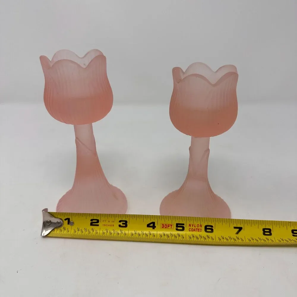 Vintage Pink Frosted Glass Tulip Candle Holders Pair Satin Votive Candlesticks